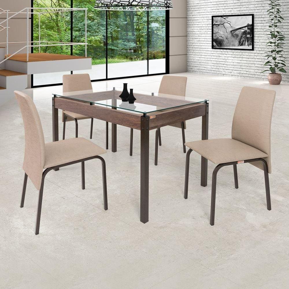 Conjunto Mesa 120cm Tampo em Vidro 4 Cadeiras Barcelona Ciplafe Bronze/Linho Bege