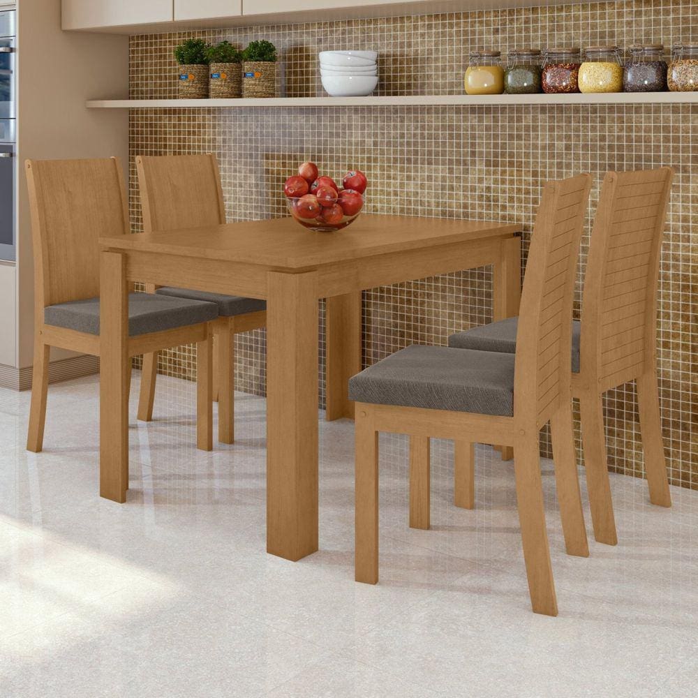 Conjunto Mesa Retangular 120cm 4 Cadeiras Athenas Móveis Lopas Amêndoa Clean/Suede Animale Bege