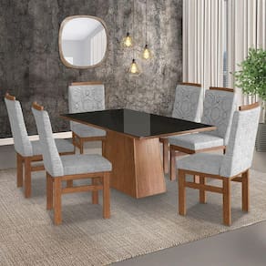 Conjunto Sala de Jantar Mesa 90x160cm Tampo Vidro com 6 Cadeiras Madeira Maciça Tecido Linho Zamarch Canela/Preto