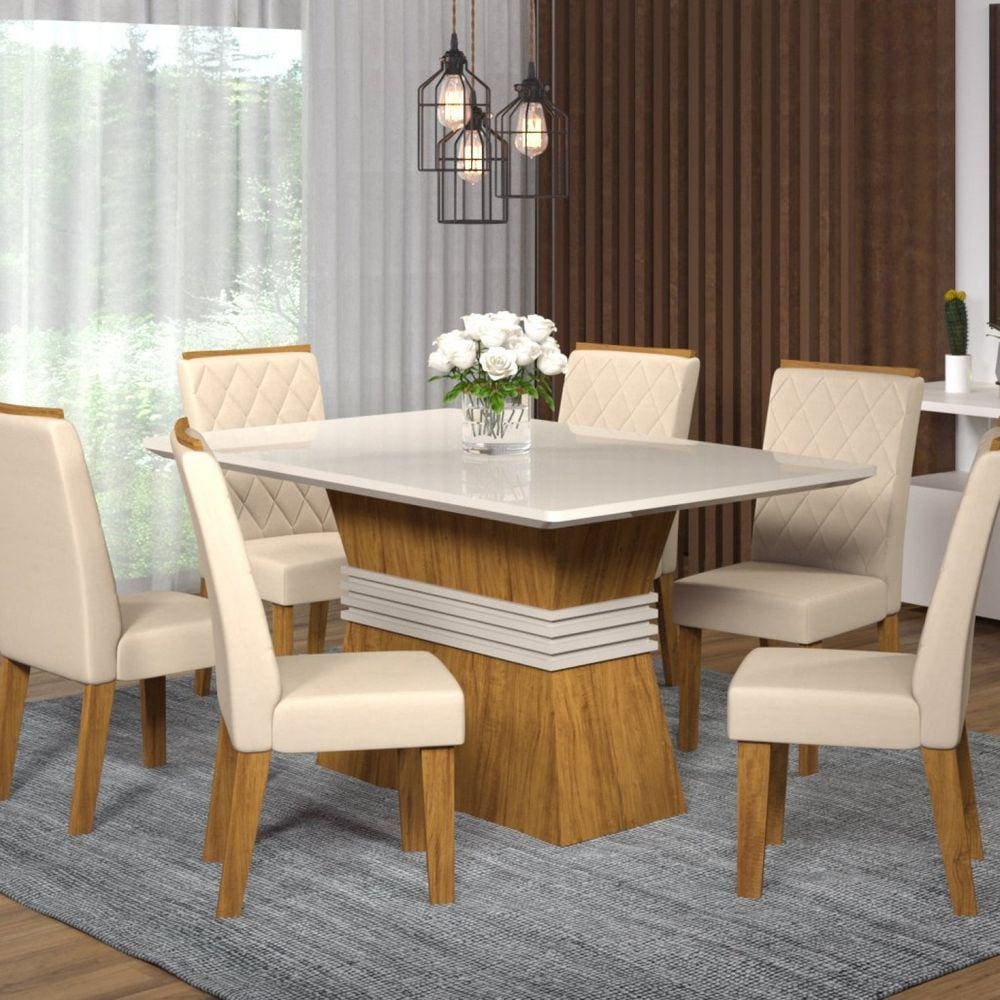 Conjunto Mesa de Jantar Tampo com Vidro com 6 Cadeiras Tequila Viero Móveis Pinho/Bege