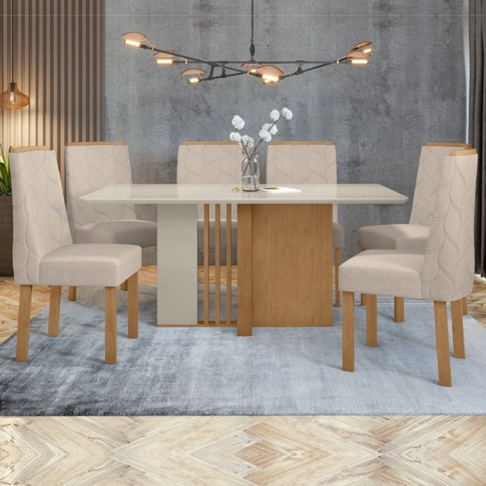 Conjunto Sala de Jantar Mesa 160x90cm Tampo MDF com 6 Cadeiras Astrid Móveis Lopas Amêndoa Clean/Off White/Bege
