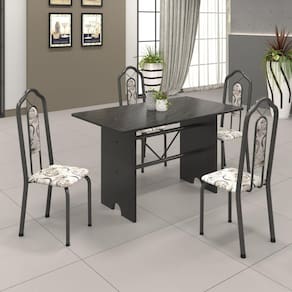 Conjunto de Mesa 120x75cm Tampo Ardósia com 4 Cadeiras Bianca Soma Móveis Martelado Prata/Ardósia Indiano/Arabesco