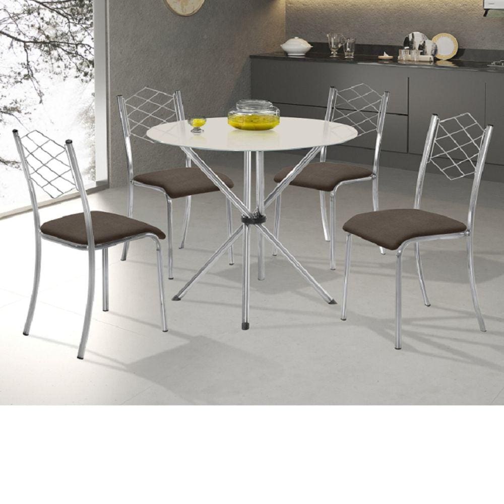 Conjunto para Cozinha 1 Mesa Lana 90x90cm com 4 Cadeiras Ortenia Aço Nobre Móveis Cromado/Marrom/Off White