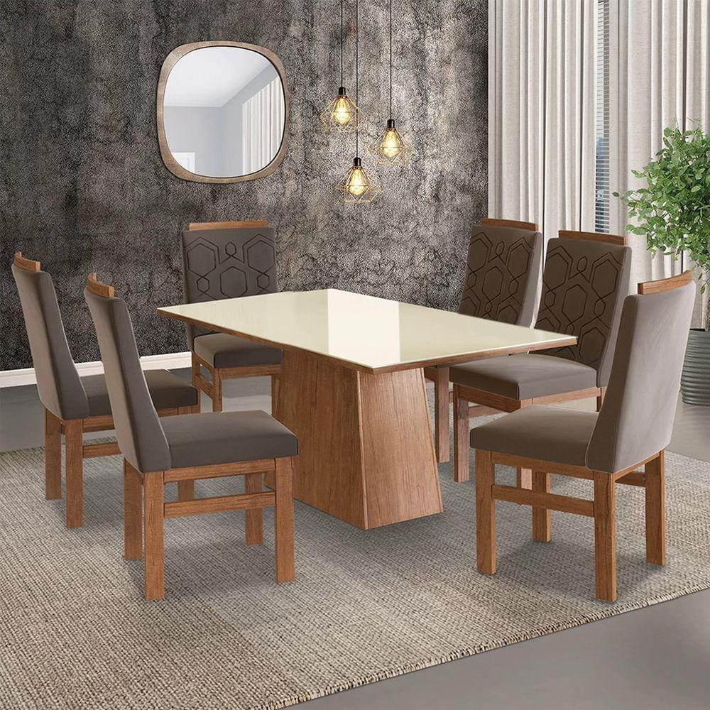 Conjunto Sala de Jantar Mesa 90x160cm Tampo Vidro com 6 Cadeiras Madeira Maciça Tecido Joli Zamarchi Canela/Off White