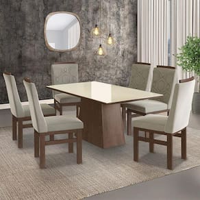 Conjunto Mesa 160x82cm e 6 Cadeiras Madeira Maciça Móveis Zamarchi Marrom/Joli Creme