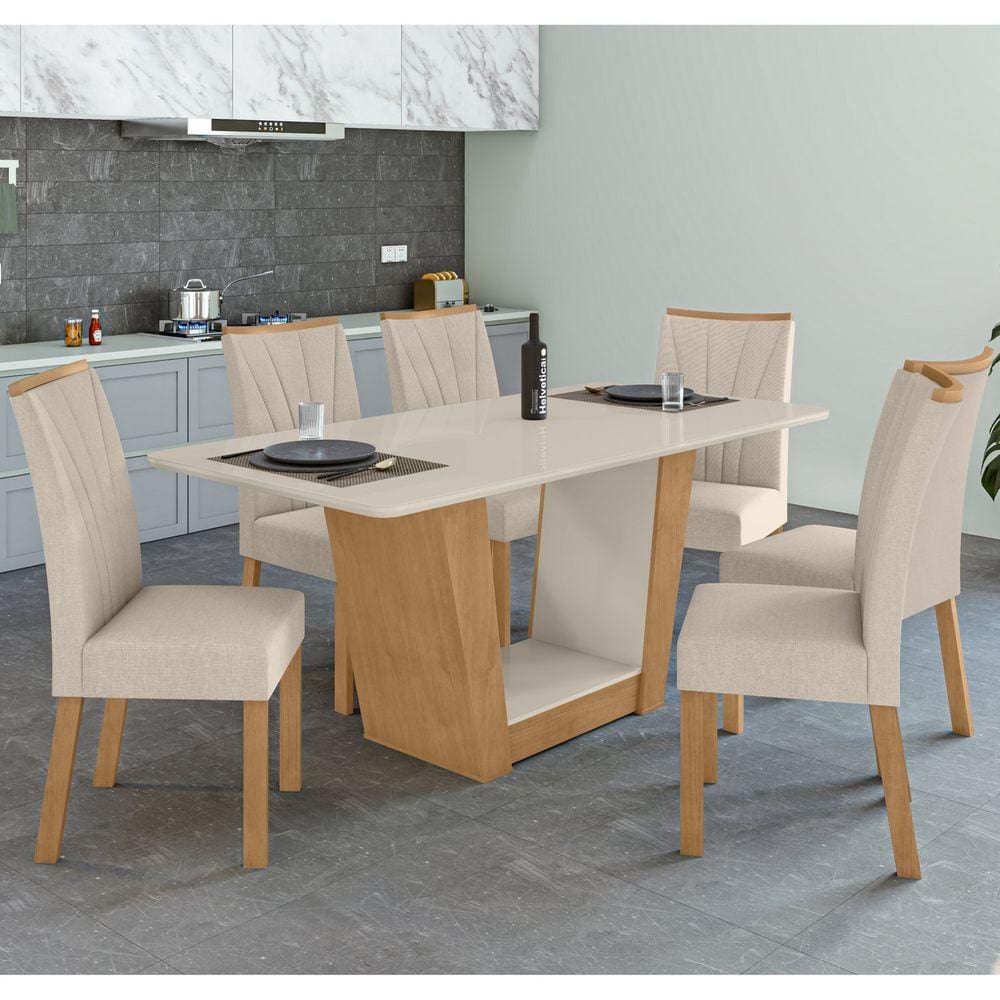 Conjunto Sala de Jantar Mesa 160x80cm Tampo MDF/Vidro com 6 Cadeiras Apogeu Móveis Lopas Amêndoa Clean/Off White/Bege