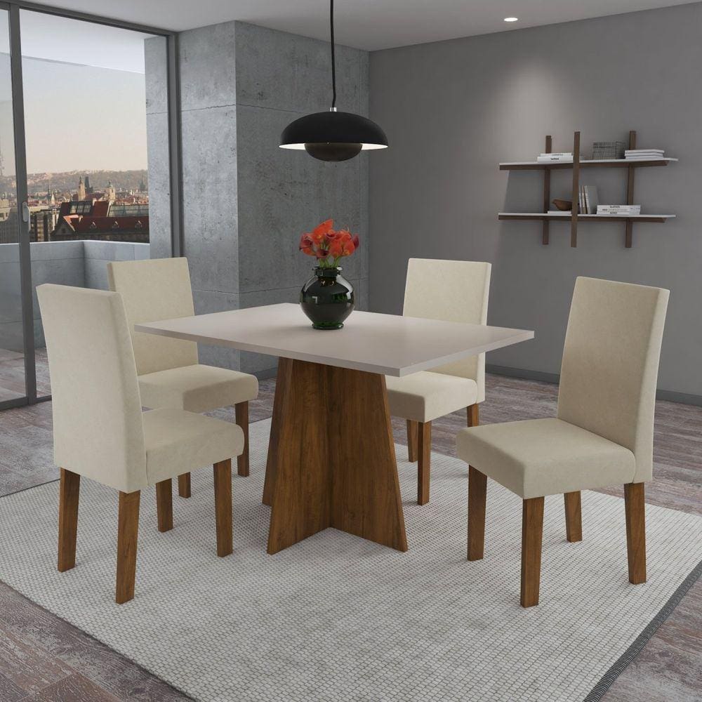 Conjunto Sala de Jantar Florence 1 Mesa 120cm com 4 Cadeiras Vênus Viero Móveis Pinho/Blonde/Bege