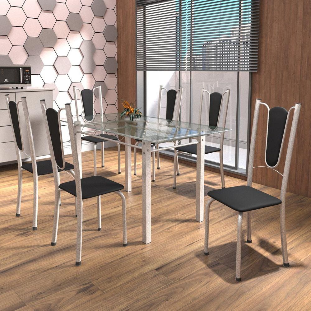 Conjunto de Mesa Tubular 6 Cadeiras 140cm com Tampo de Vidro Melissa Soma Móveis Preto/Pérola