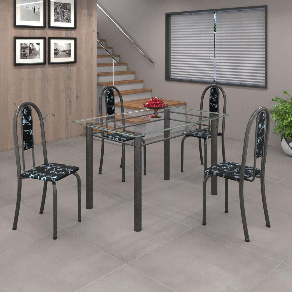 Conjunto de Mesa 120x75cm Tampo de Vidro com 4 Cadeiras Iris A Soma Móveis Preto Floral/Martelado Prata