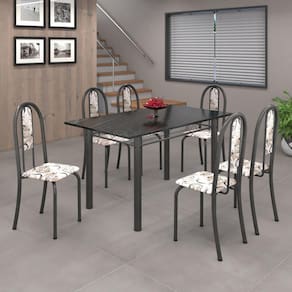 Conjunto de Mesa 140x75cm Tampo de Ardósia com 6 Cadeiras Iris A Soma Móveis Arabesco/Martelado Prata/Ardósia