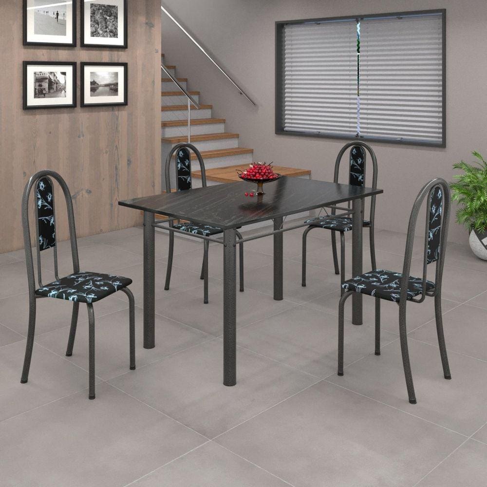 Conjunto de Mesa 120x75cm Tampo em Ardósia com 4 Cadeiras Iris A Soma Móveis Preto Floral/Martelado Prata/Ardosia Indiano