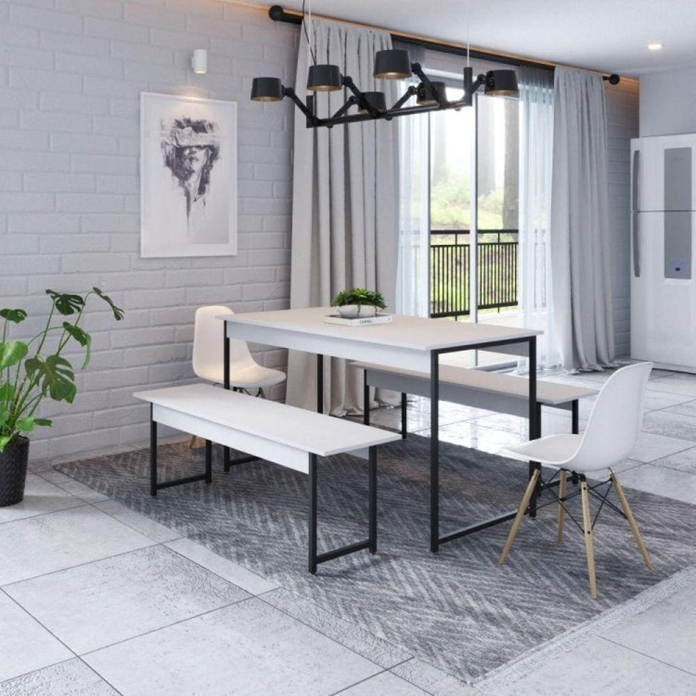 Conjunto Mesa de Jantar com 2 Banco e 2 Cadeiras Eames Base Madeira Espresso Móveis Braco Chess