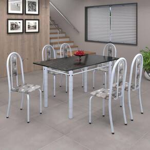 Conjunto de Mesa 140x75cm Tampo de Ardósia com 6 Cadeiras Iris A Soma Móveis Paraopeba/Martelado Pérola/Ardósia