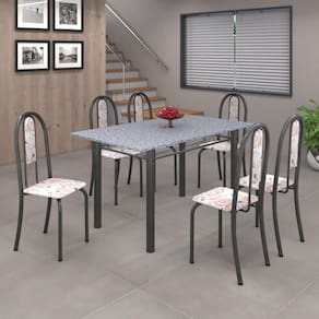 Conjunto de Mesa 140x75cm Tampo de Granito com 6 Cadeiras Iris A Soma Móveis Botanic Bege/Martelado Prata/Granito