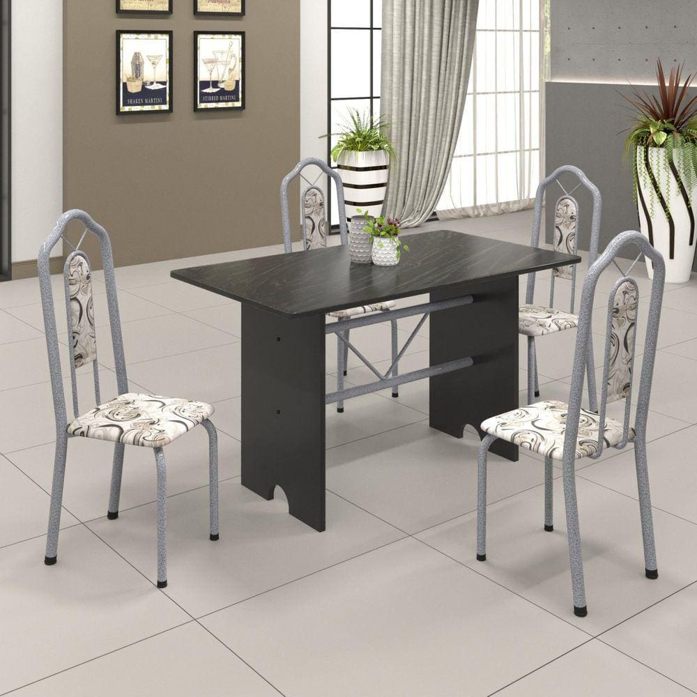 Conjunto de Mesa 120x75cm Tampo Ardósia com 4 Cadeiras Bianca Soma Móveis Martelado Perola/Ardósia Indiano/Arabesco