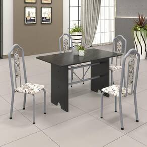 Conjunto de Mesa 120x75cm Tampo Ardósia com 4 Cadeiras Bianca Soma Móveis Martelado Perola/Ardósia Indiano/Arabesco