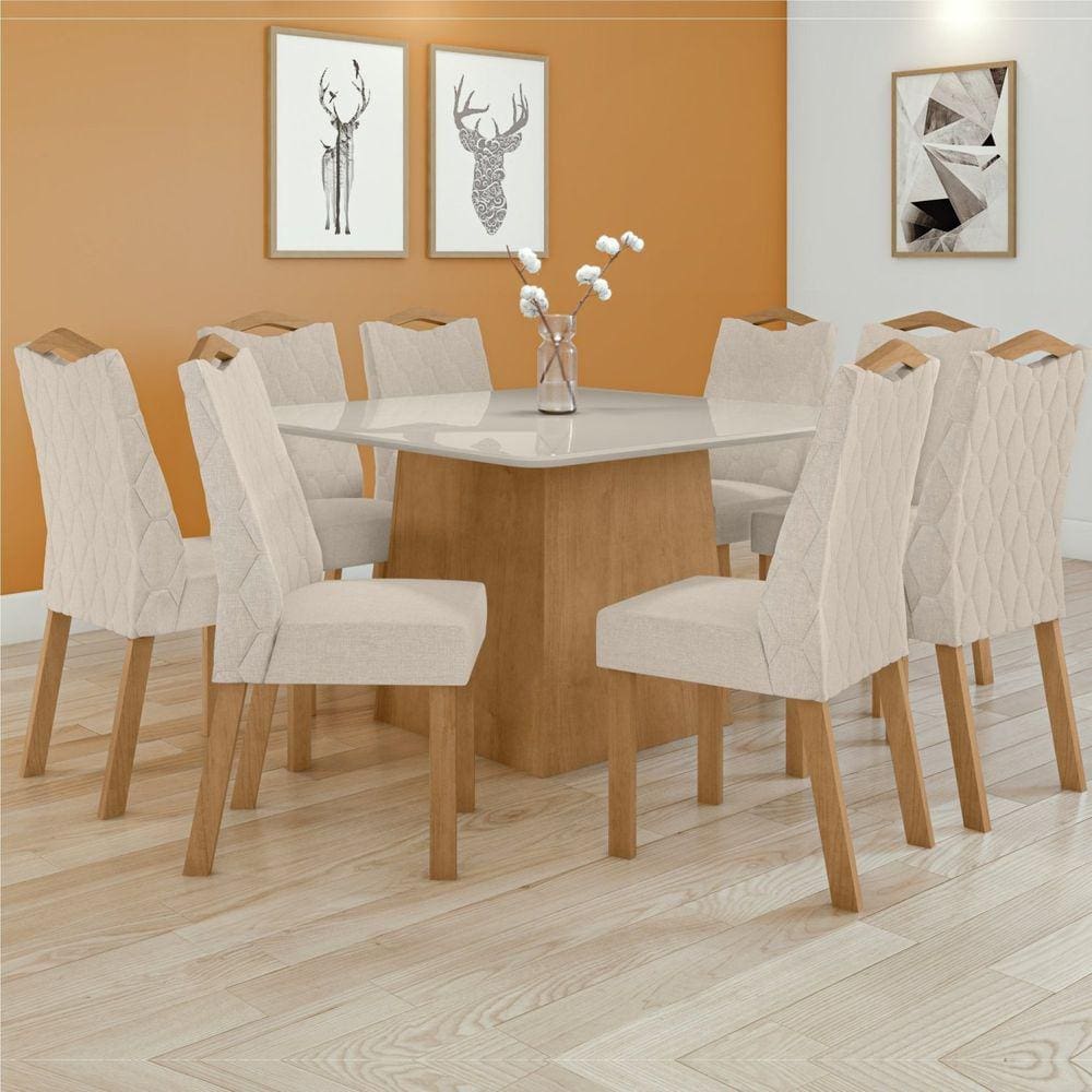 Conjunto Mesa Nevada 130cm Tampo MDF/Vidro 8 Cadeiras Vênus Móveis Lopas Amendoa Clean/Off White/Linho Rinzai Bege