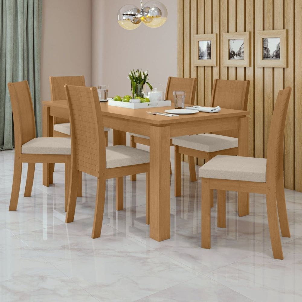 Conjunto Sala de Jantar 6 Lugares Retangular Tampo MDF Mesa e Cadeiras Athenas