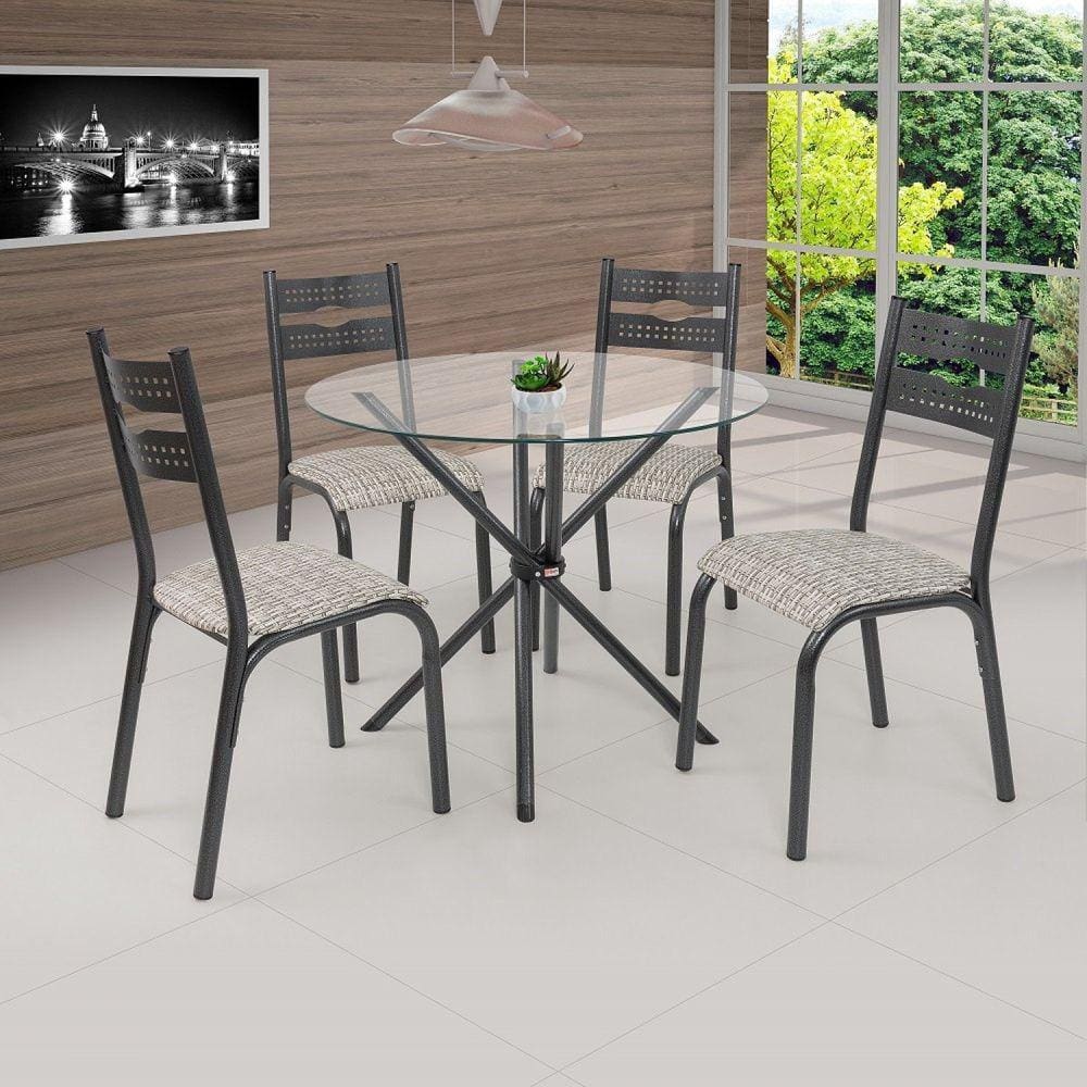Conjunto Sala de Jantar Mesa 90x90cm Tampo Vidro com 4 Cadeiras Luna Clássica Ciplafe Preto