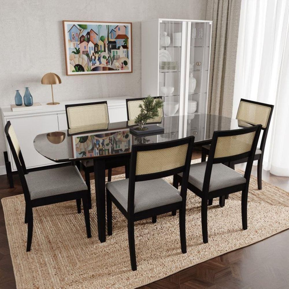Conjunto Mesa de Jantar Tampo Vidro e MDF 2,0m e 6 Cadeiras Tiê CabeCasa MadeiraMadeira Preto/Cinza