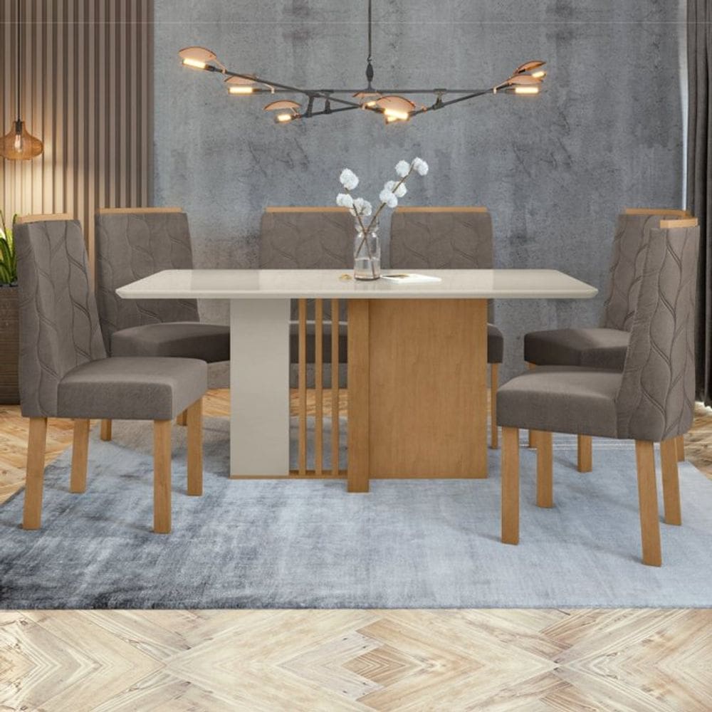 Conjunto Sala de Jantar Mesa 160x90cm Tampo MDF com 6 Cadeiras Astrid Móveis Lopas Amêndoa Clean/Off White/Animale Bege