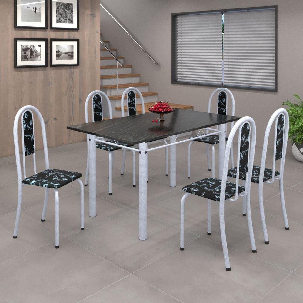 Conjunto de Mesa 140x75cm Tampo de Ardósia com 6 Cadeiras Iris A Soma Móveis Preto Floral/Martelado Pérola/Ardósia Indiano