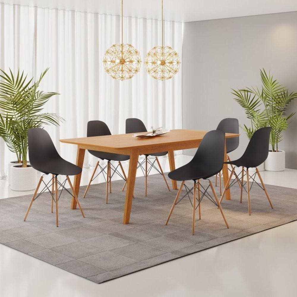 Conjunto Mesa de Jantar Madeira Maciça Retangular com 6 Cadeiras Eames Cinamomo/Preto