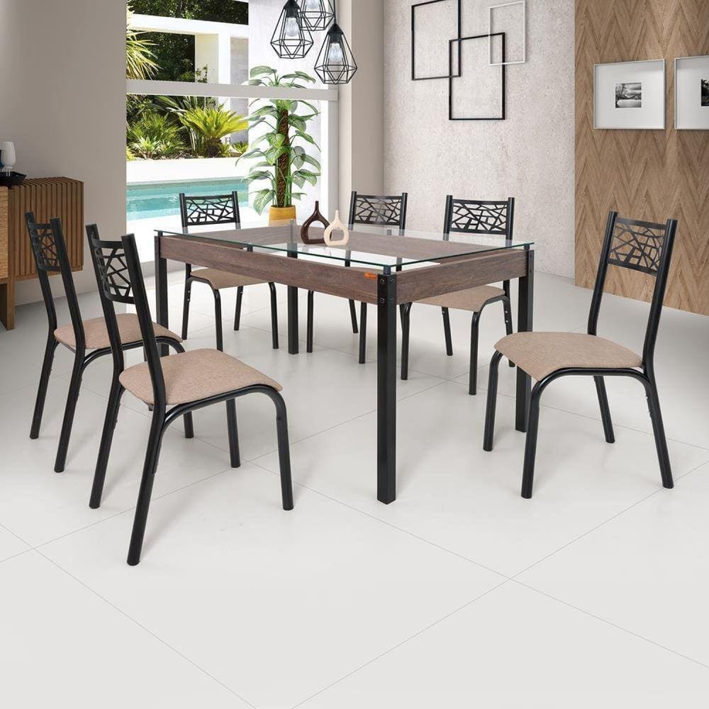 Conjunto Sala de Jantar Mesa Jade 140x80cm Tampo Vidro com 6 Cadeiras Ciplafe Preto Fosco/Linho Bege