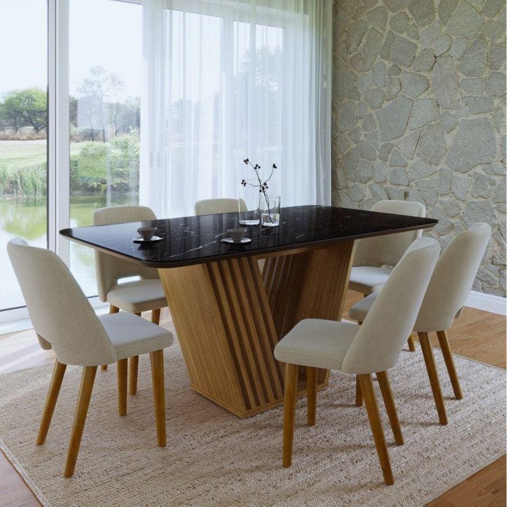 Conjunto Mesa Tampo Marmorizado Vidro com 6 Cadeiras Malta Ibiza Yescasa Preto Marmorizado/Bege