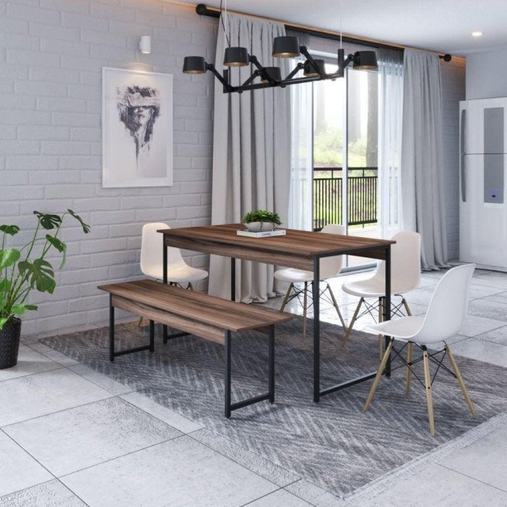 Conjunto Mesa de Jantar com 1 Banco e 4 Cadeiras Eames Base Madeira Espresso Móveis Nogal/Branco