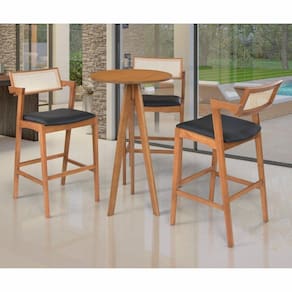 Conjunto Mesa Bistrô Alta 106x60cm Nápoles com 3 Banquetas Madeira Maciça com Rattan Natural e Estofada para Sala de Jantar Nápoles Champagne