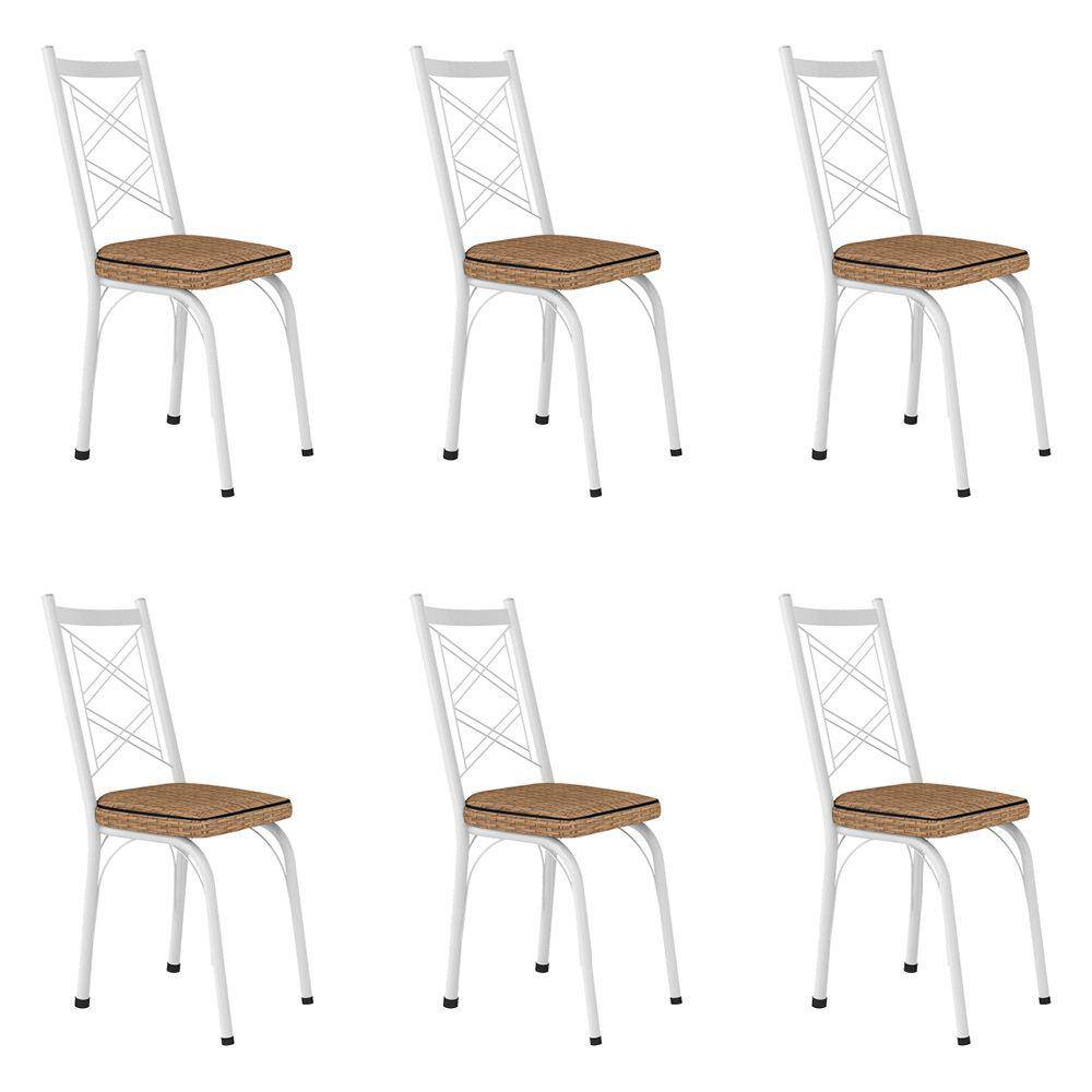 Kit 6 Cadeiras de Cozinha Delaware Estampado Rattan Bege Pés de Ferro Branco - Pallazio