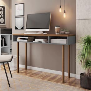 Mesa Office Retrô Megan Pés em Madeira Maciça Caemmun Cinza/Nogueira Caiena