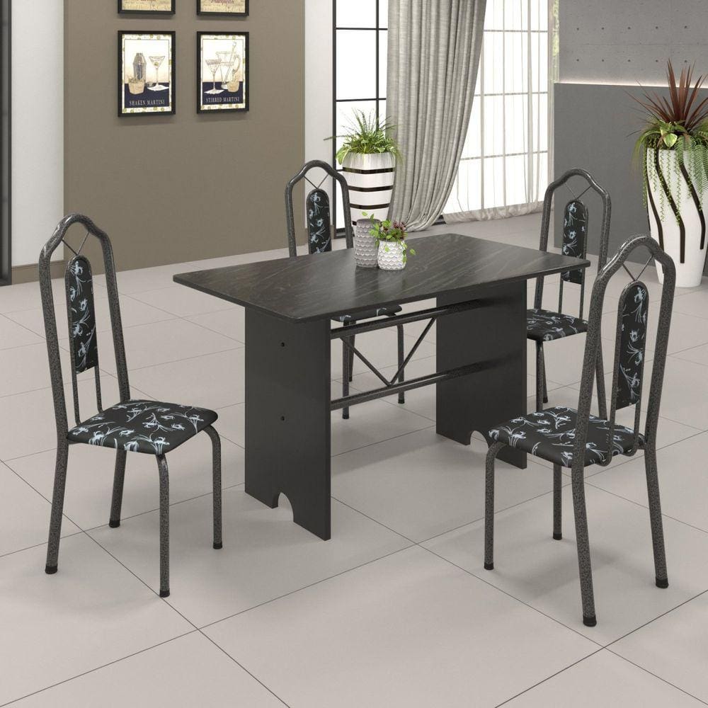 Conjunto de Mesa 120x75cm Tampo Ardósia com 4 Cadeiras Bianca Soma Móveis Martelado Prata/Ardósia Indiano/Preto Floral