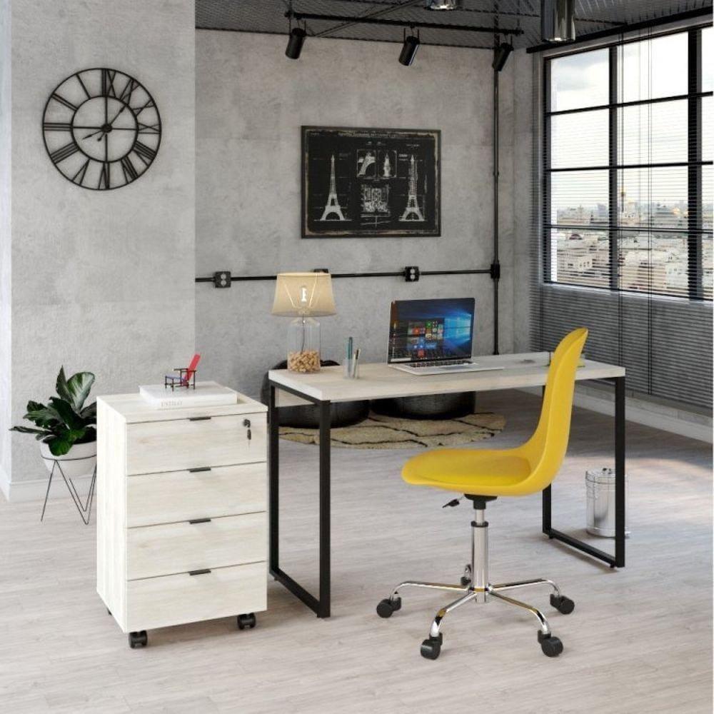 Conjunto Home Office Industrial 2 Peças com 1 Escrivaninha 120cm e 1 Gaveteiro 4 Gavetas Kuadra Snow