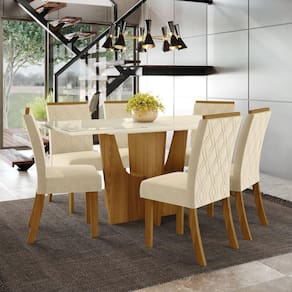 Conjunto Sala de Jantar Mesa e 6 Cadeiras Kaciane Henn Marrom/Off White/Linho