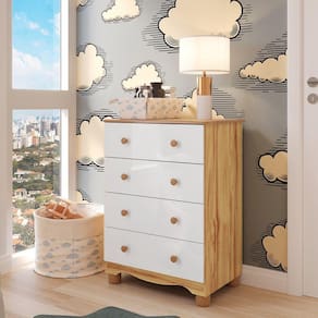 Cômoda de Bebê com 4 Gavetas 100% MDF Mimo Branco Brilho/Amêndoa