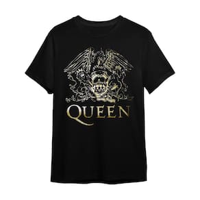 Camiseta Plus Size Queen Dourado Preta Banda De Rock Unissex