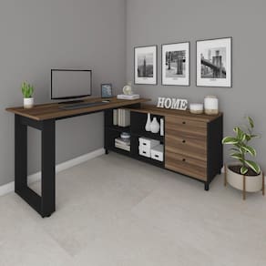 Escrivaninha para Escritório em L 3 Gavetas 4 Nichos Home Office Artany Ipê/Preto