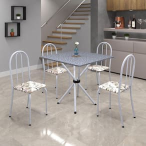 Conjunto de Mesa Tubular 70x70cm Tampo em Granito com 4 Cadeiras Ane B Soma Móveis Arabesco/Martelado Pérola/Granito Ocre