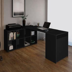 Mesa para Escritório Diretor em L com Nichos e Balcão Espresso Móveis Preto