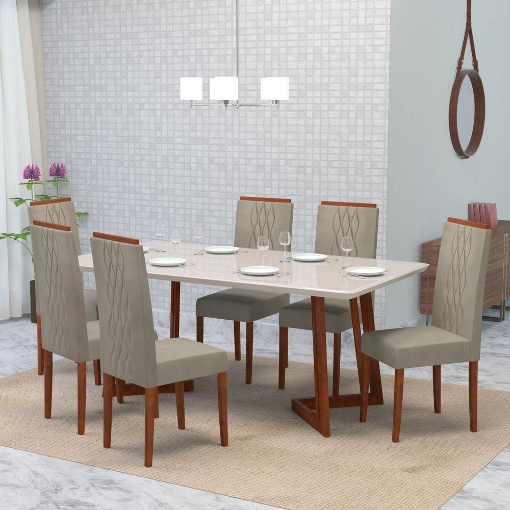 Conjunto Sala de Jantar 6 Lugares Madeira Eucalipto Ametista Móveis Meneghetti Caramelo/Castor