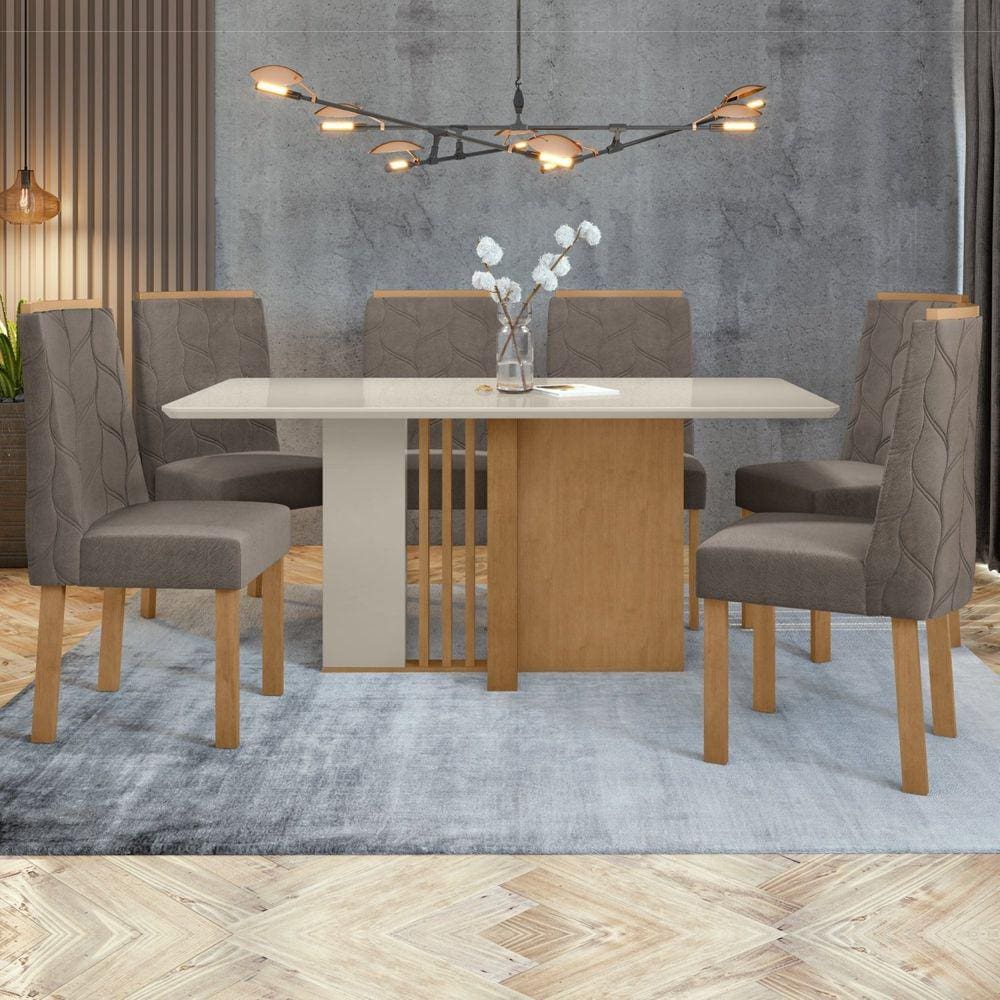 Conjunto Sala de Jantar Mesa Tampo MDF/Vidro e 6 Cadeiras Astrid Móveis Lopas Amendoa Clean/Off White/Suede Animale Bege