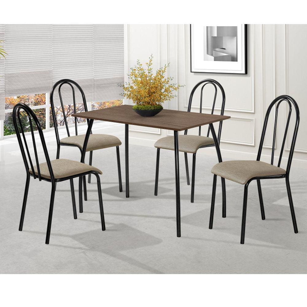 Conjunto Sala de Jantar Mesa 100x60cm com 4 Cadeiras Flora Aço Nobre Móveis Preto/Marrom/Bege