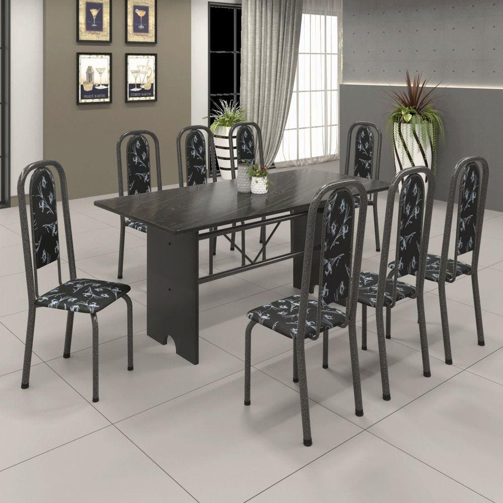 Conjunto de Mesa 180x75cm Tampo Ardósia com 8 Cadeiras Lavínea Soma Móveis Martelado Prata/Preto floral