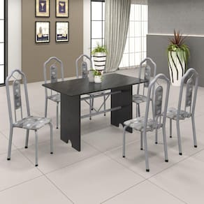 Conjunto de Mesa 140x75cm Tampo Ardósia com 6 Cadeiras Bianca Soma Móveis Martelado Perola/Ardósia Indiano/Paraopeba