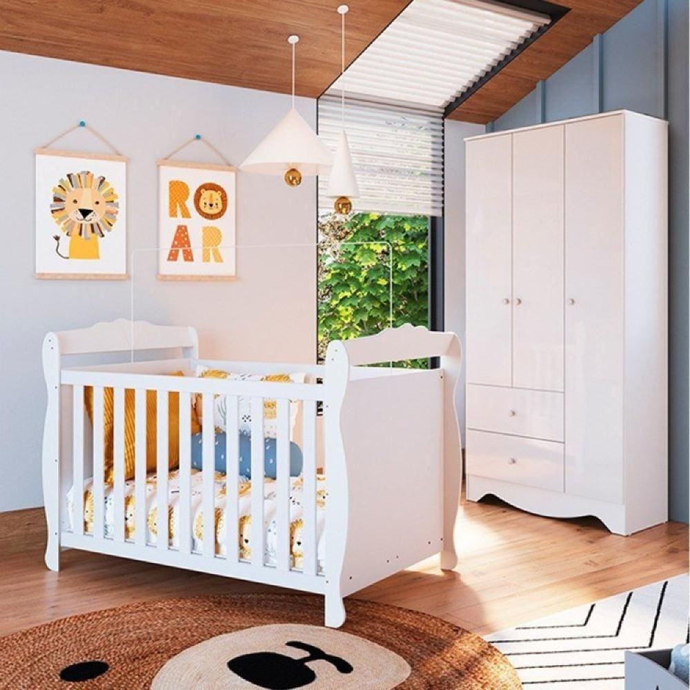 Quarto de Bebê com Guarda Roupa 3 Portas e Berço Americano Cocada Espresso Móveis Branco Brilho