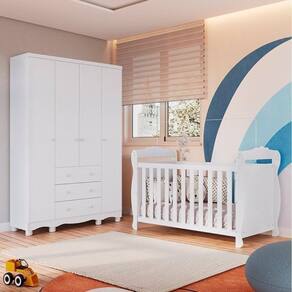 Quarto de Bebê com Guarda Roupa 4 Portas e Berço Americano Nina Espresso Móveis Branco Brilho