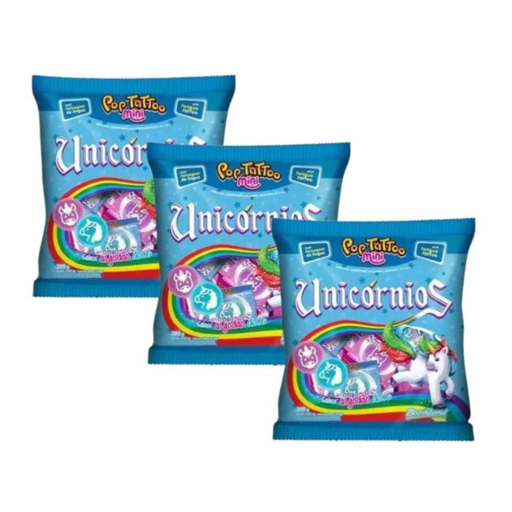 Pirulito Unicórnio Pop Tattoo Mini C/ 50un 200g - 3 Pacotes