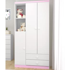 Guarda Roupa Infantil 3 Portas 2 Gavetas 2 Nichos Lápis de Cor Espresso Móveis Branco/Rosa Chá